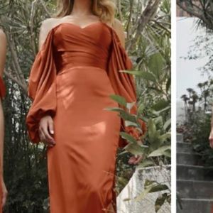 Long-sleeve off or on the shoulder soft satin dress! Size:12 | color: Sienna.